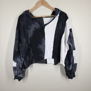 POL Black White Tie Dye Stripe Colorblock Oversized Relaxed Cropped Hoodie Small